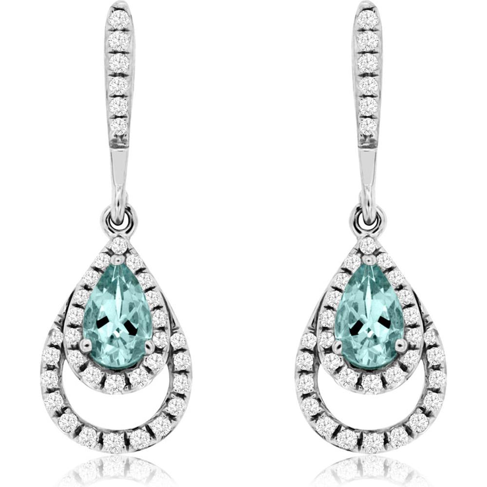 14K White Gold Pear-Shaped Aquamarine and Diamond Halo Drop Earrings with Pave Lever Backs - 0.32 Carat Total Aquamarine Weight, 0.20 Carat Total Diamond Weight - Royal Jewelry