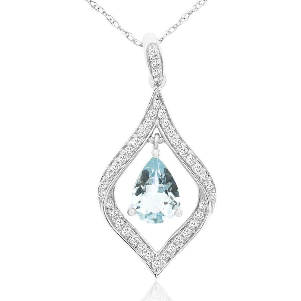 14K White Gold Pear-Shaped Aquamarine and Diamond Halo Pendant - 0.65 Carat Aquamarine, 0.17 Carat Total Diamond Weight - Royal Jewelry