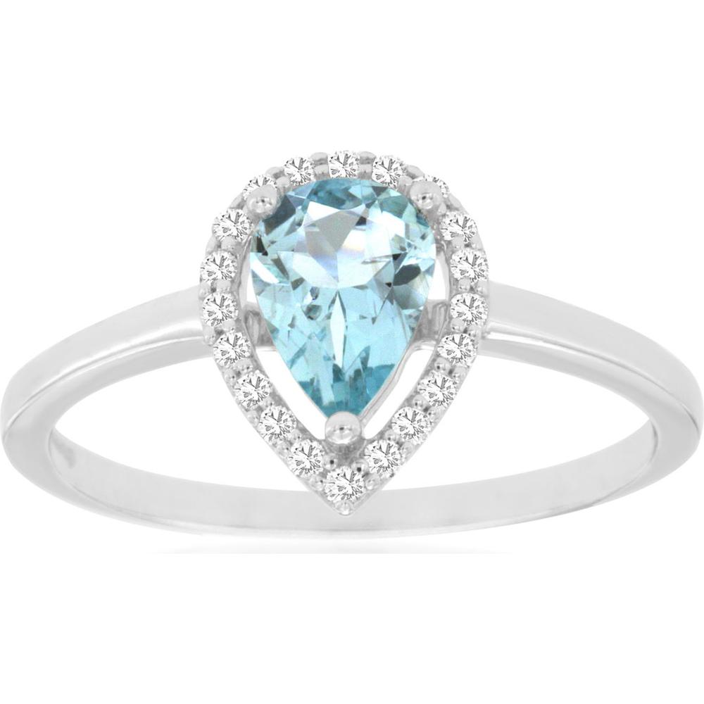 14K White Gold Pear-Shaped Aquamarine and Diamond Halo Ring - 0.65 Carat Aquamarine, 0.12 Carat Total Diamond Weight - Royal Jewelry