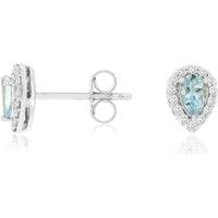 14K White Gold Pear-Shaped Aquamarine and Diamond Halo Stud Earrings - 0.35 Carat Total Aquamarine Weight and 0.14 Carat Total Diamond Weight - Royal Jewelry