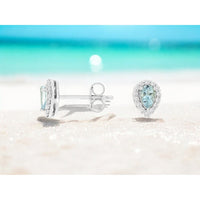 14K White Gold Pear-Shaped Aquamarine and Diamond Halo Stud Earrings - 0.35 Carat Total Aquamarine Weight and 0.14 Carat Total Diamond Weight - Royal Jewelry
