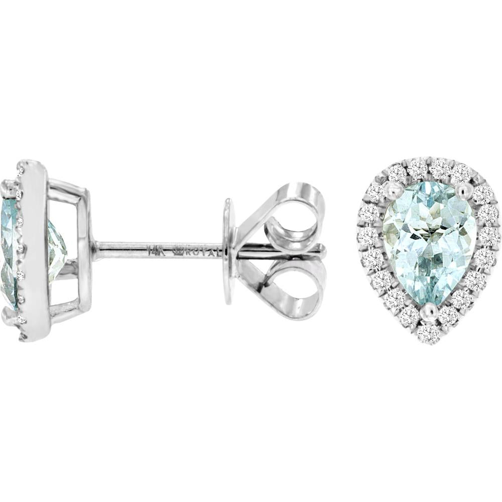 14K White Gold Pear-Shaped Aquamarine and Diamond Halo Stud Earrings - 1.30 Carat Total Aquamarine Weight, 0.20 Carat Total Diamond Weight - Royal Jewelry