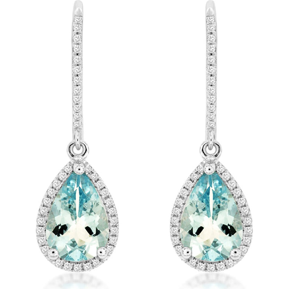 14K White Gold Pear-Shaped Aquamarine Drop Earrings with Diamond Halo - 2.10 Carat Total Aquamarine Weight and 0.22 Carat Total Diamond Weight - Royal Jewelry