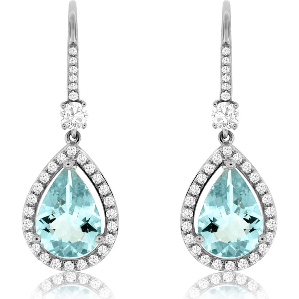 14K White Gold Pear-Shaped Aquamarine Drop Earrings with Diamond Halo and Pavé Stem - 3.10 Carat Total Aquamarine Weight and 0.66 Carat Total Diamond Weight - Royal Jewelry