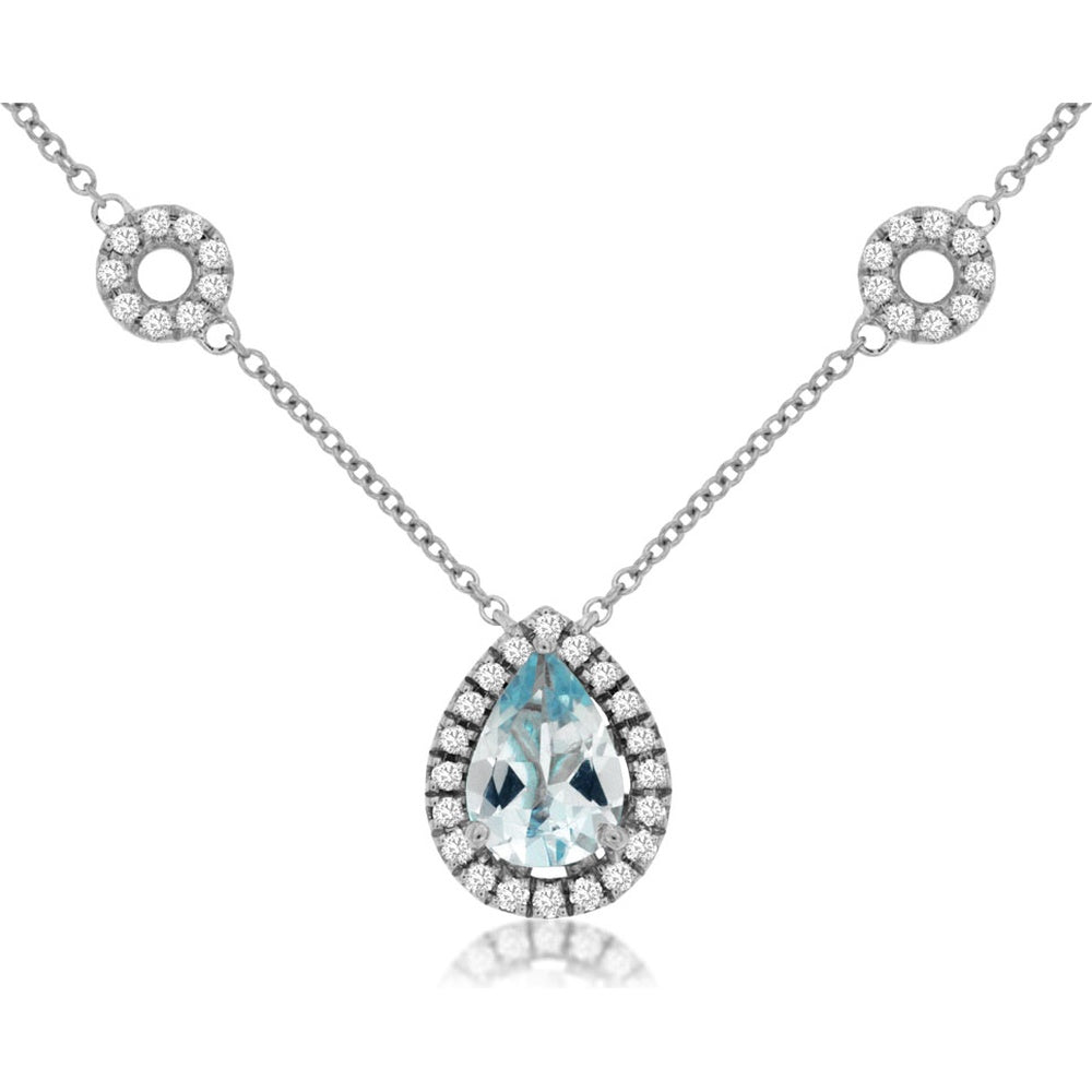 14K White Gold Pear-Shaped Aquamarine Halo Pendant Necklace with Diamond Station Accents - 0.68 Carat Aquamarine and 0.25 Carat Total Diamond Weight - Royal Jewelry