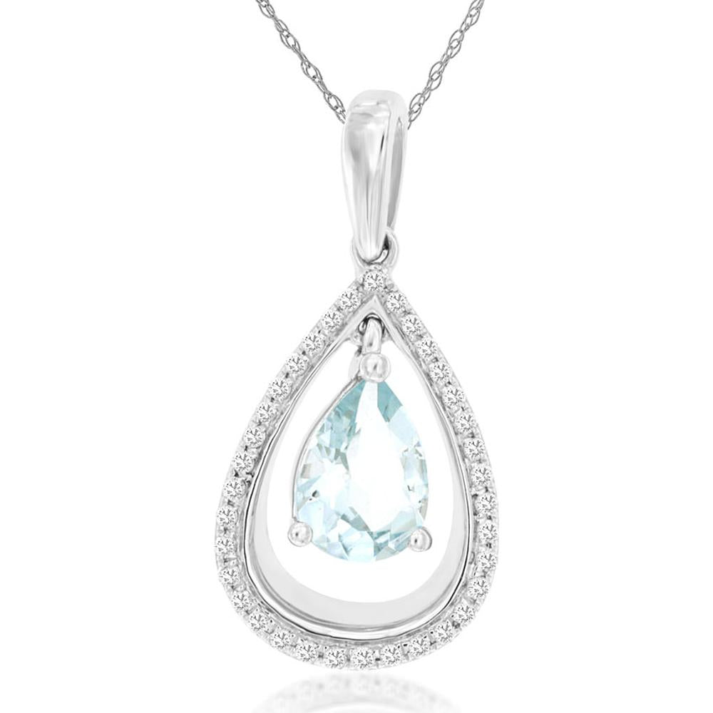 14K White Gold Pear-Shaped Aquamarine Pendant with Diamond Halo - 0.65 Carat Aquamarine and 0.10 Carat Diamonds - Royal Jewelry