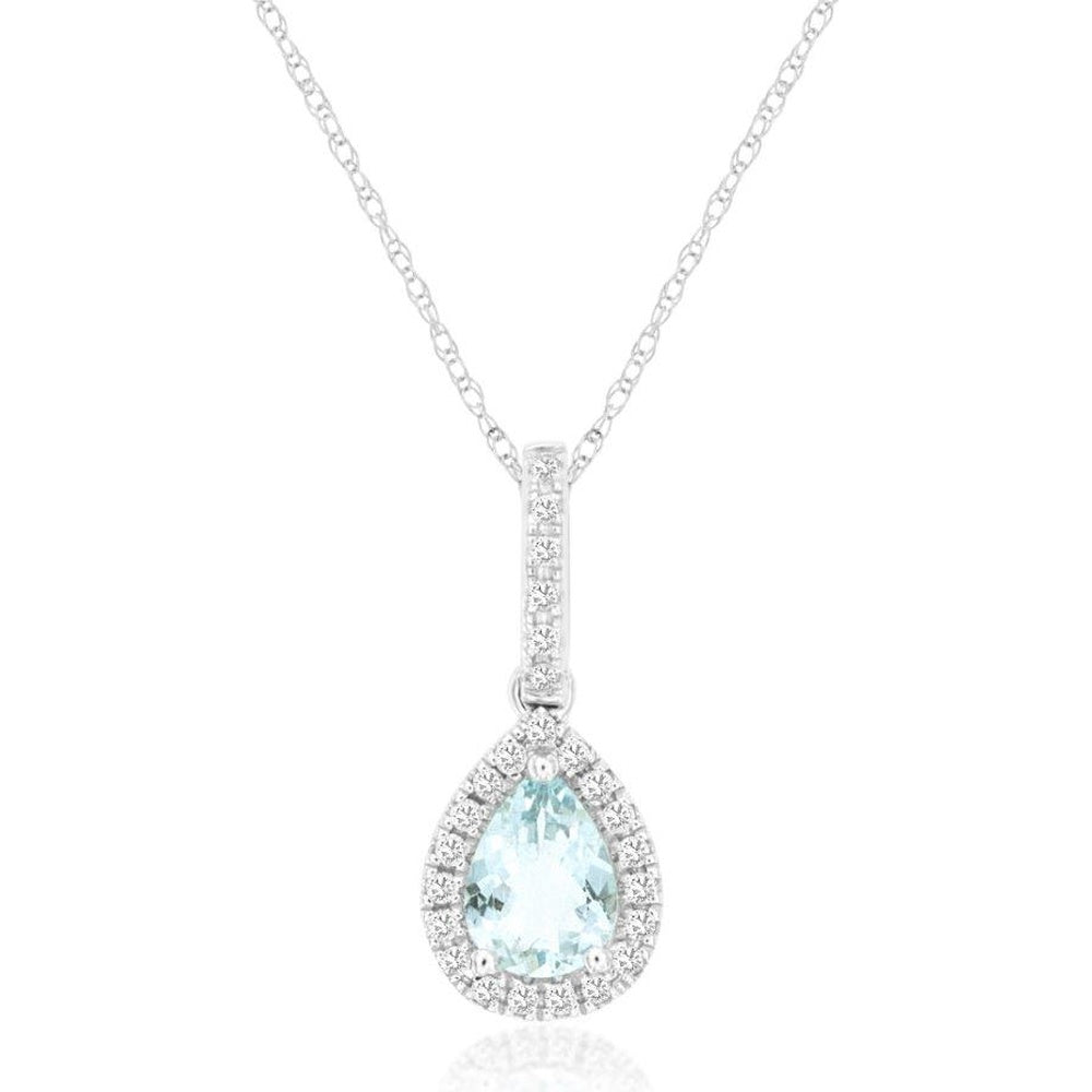 14K White Gold Pear-Shaped Aquamarine Pendant with Diamond Halo Accents - 0.65 Carat Aquamarine and 0.13 Carat Total Diamond Weight - Royal Jewelry