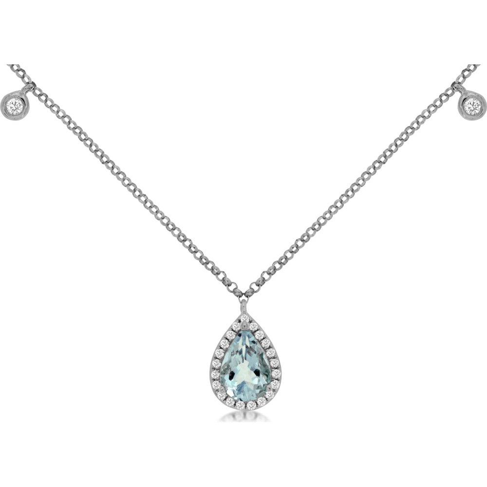 14K White Gold Pear-Shaped Aquamarine Pendant with Diamond Halo and Station Diamonds - 0.65 Carat Aquamarine and 0.12 Carat Total Diamond Weight - Royal Jewelry