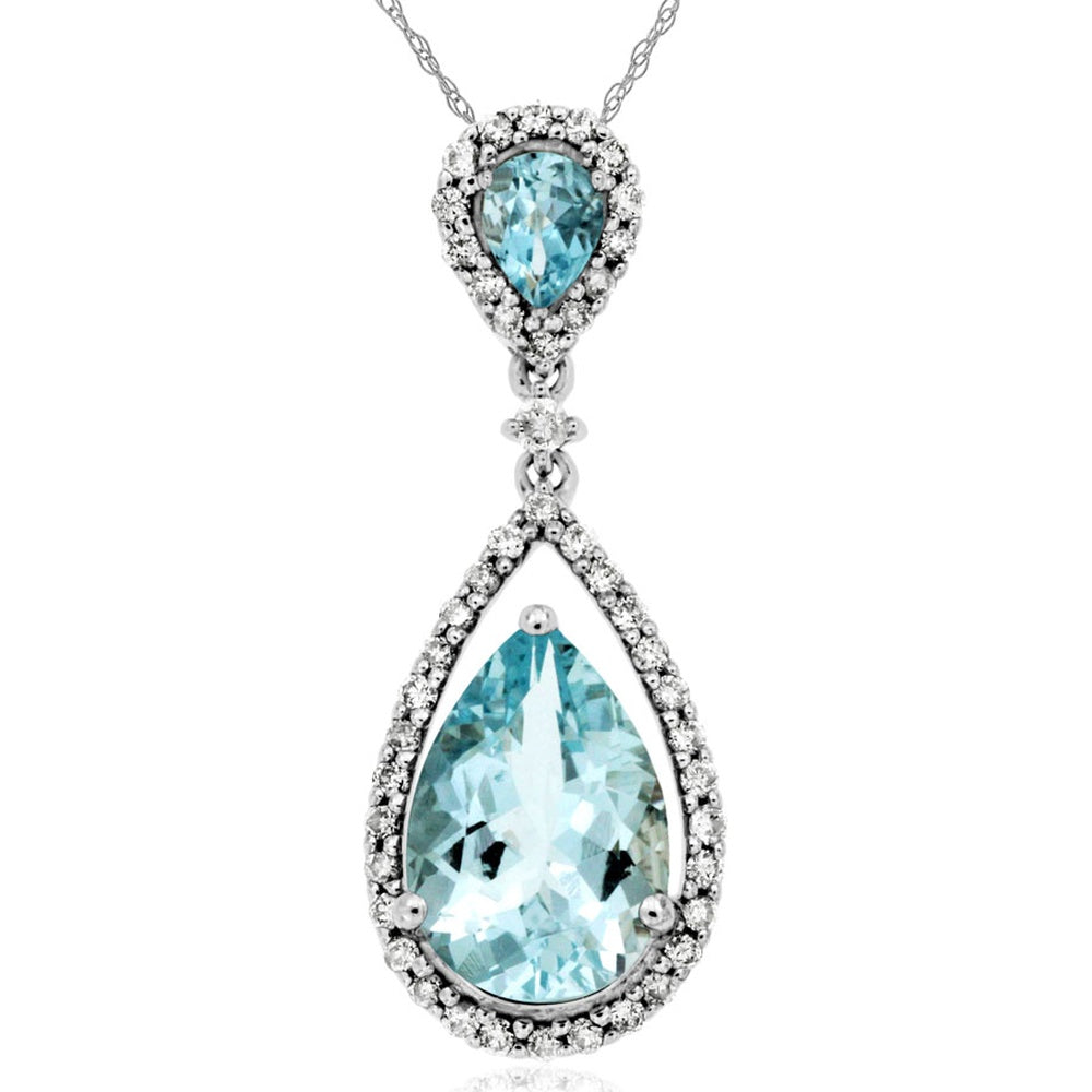 14K White Gold Pear-Shaped Aquamarine Pendant with Round Diamond Halo - 1.75 Carat Aquamarine and 0.25 Carat Total Diamond Weight - Royal Jewelry