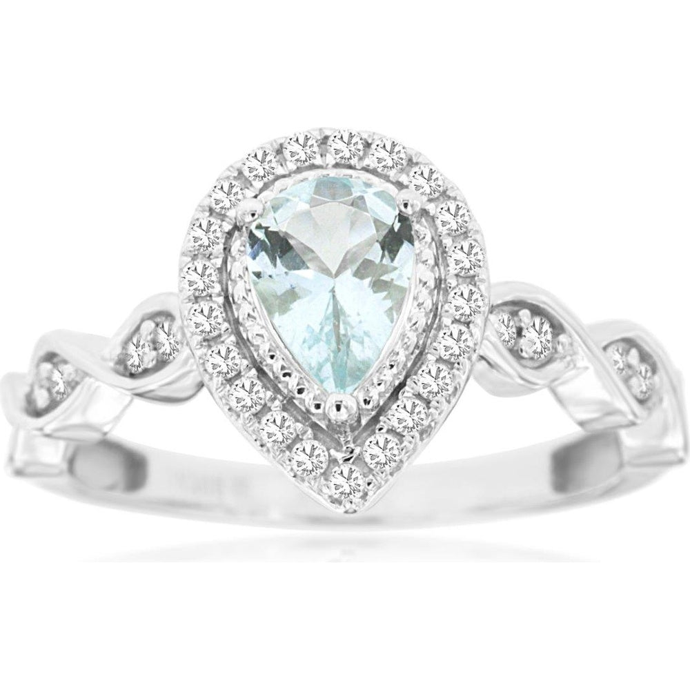 14K White Gold Pear-Shaped Aquamarine Ring with Diamond Halo and Twisted Band - 0.65 Carat Aquamarine and 0.26 Carat Total Diamond Weight - Royal Jewelry