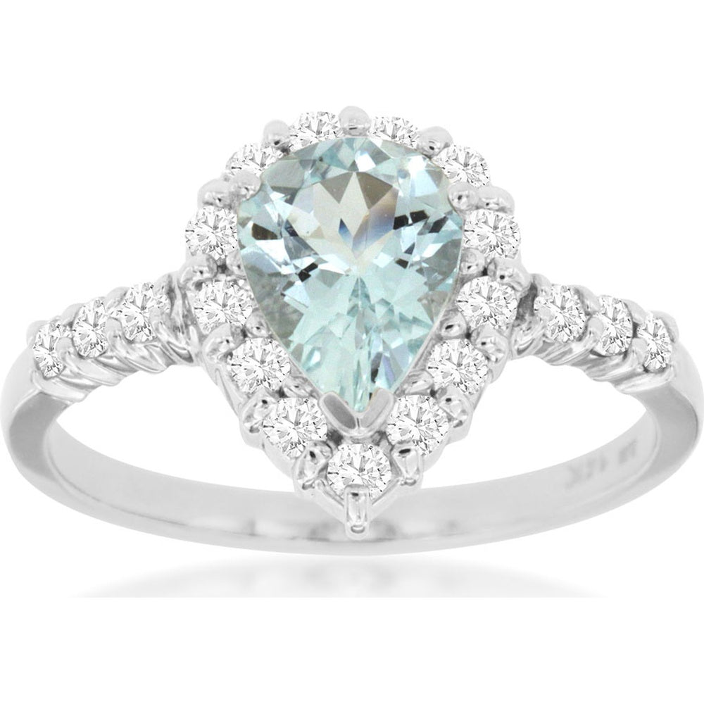 14K White Gold Pear-Shaped Aquamarine Ring with Round Diamond Halo - 0.90 Carat Aquamarine and 0.45 Carat Total Diamond Weight - Royal Jewelry