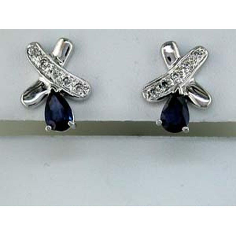 14K White Gold Pear Shaped Blue Sapphire and Diamond Accent Stud Earrings - 0.50 Carat Total Sapphire Weight, 0.12 Carat Total Diamond Weight - Royal Jewelry