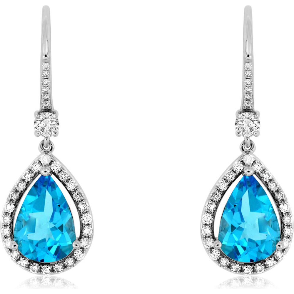 14K White Gold Pear-Shaped Blue Topaz and Diamond Halo Drop Earrings - 4.40 Carat Total Blue Topaz Weight, 0.66 Carat Total Diamond Weight - Royal Jewelry
