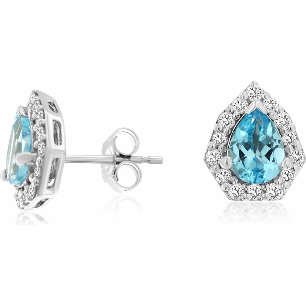 14K White Gold Pear-Shaped Blue Topaz and Diamond Halo Stud Earrings - 1.43 Carat Total Blue Topaz Weight and 0.41 Carat Total Diamond Weight - Royal Jewelry