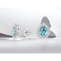 14K White Gold Pear-Shaped Blue Topaz and Diamond Halo Stud Earrings - 1.43 Carat Total Blue Topaz Weight and 0.41 Carat Total Diamond Weight - Royal Jewelry