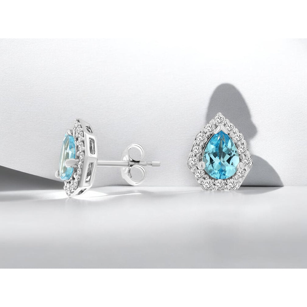 14K White Gold Pear-Shaped Blue Topaz and Diamond Halo Stud Earrings - 1.43 Carat Total Blue Topaz Weight and 0.41 Carat Total Diamond Weight - Royal Jewelry