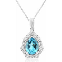 14K White Gold Pear-Shaped Blue Topaz Pendant with Diamond Halo - 1.15 Carat Blue Topaz and 0.33 Carat Total Diamond Weight - Royal Jewelry