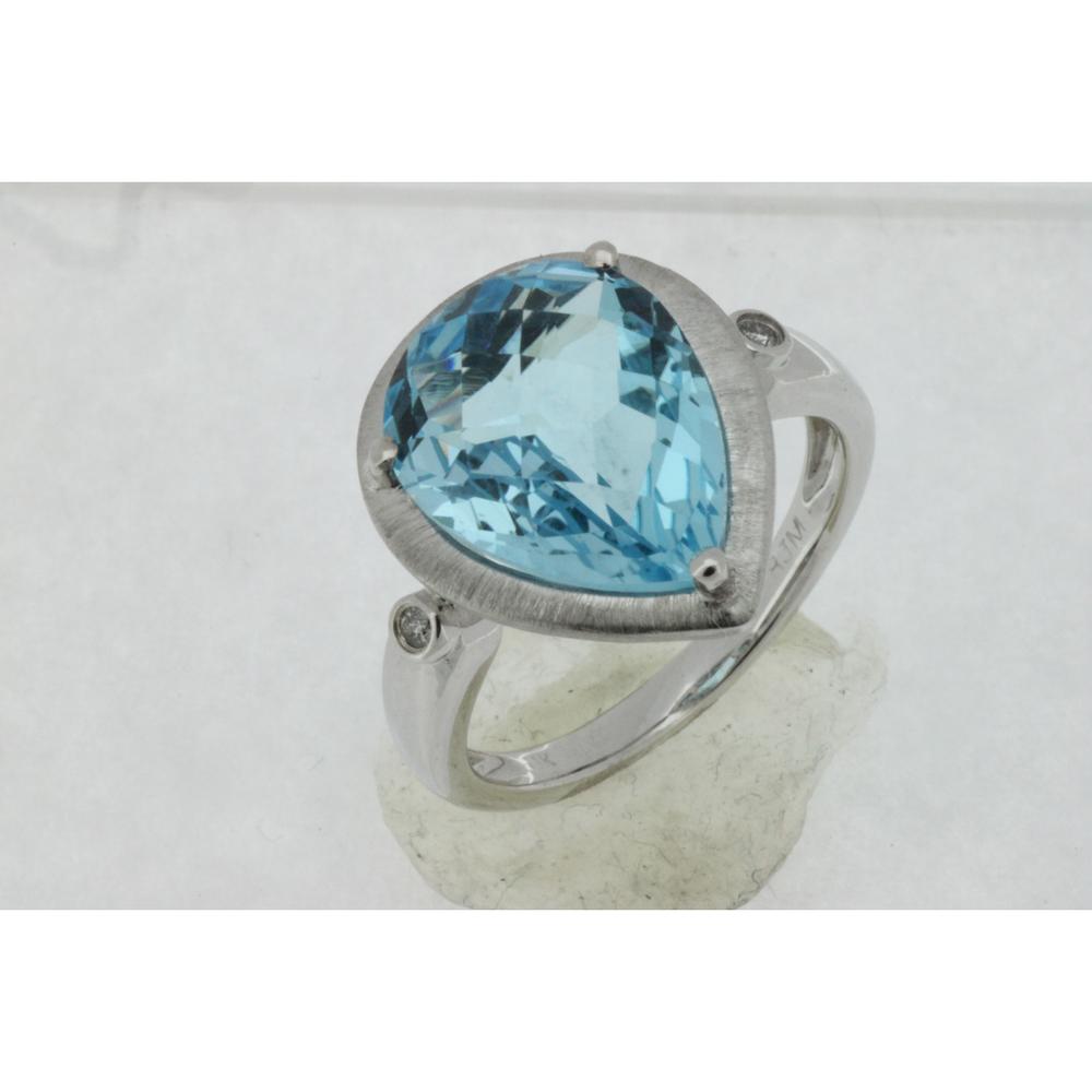 14K White Gold Pear-Shaped Blue Topaz Statement Ring with Brushed Bezel and Diamond Accents - 7.00 Carat Blue Topaz, 0.03 Carat Total Diamond Weight - Royal Jewelry