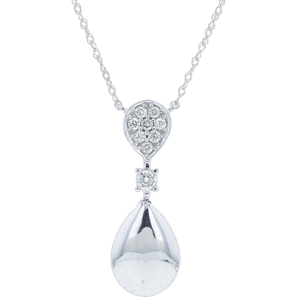 14K White Gold Pear-Shaped Diamond Cluster Pendant Necklace with Teardrop Drop and Milgrain Edge - 0.17 Carat Total Diamond Weight