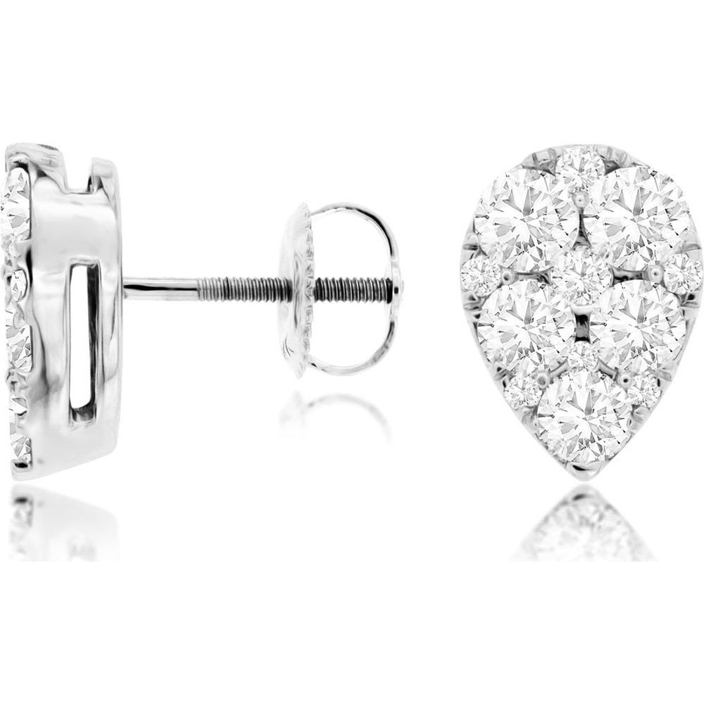 14K White Gold Pear-Shaped Diamond Cluster Stud Earrings with Secure Screw Backs - 2.00 Carat Total Diamond Weight - Royal Jewelry