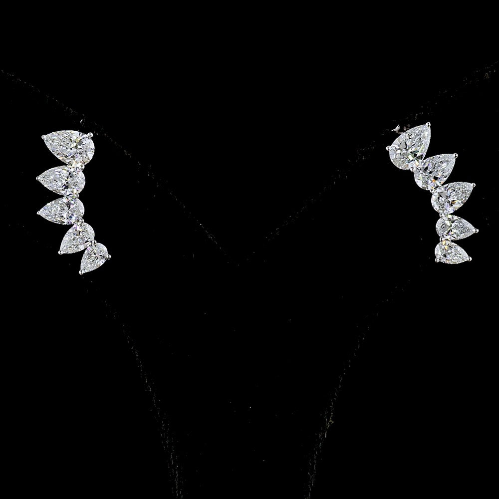 14K White Gold Pear-Shaped Diamond Crawler Earrings with Graduated Lab-Grown E-F VS Stones - 2.68 Carats Total Diamond Weight - Covaloro Fine Jewelry