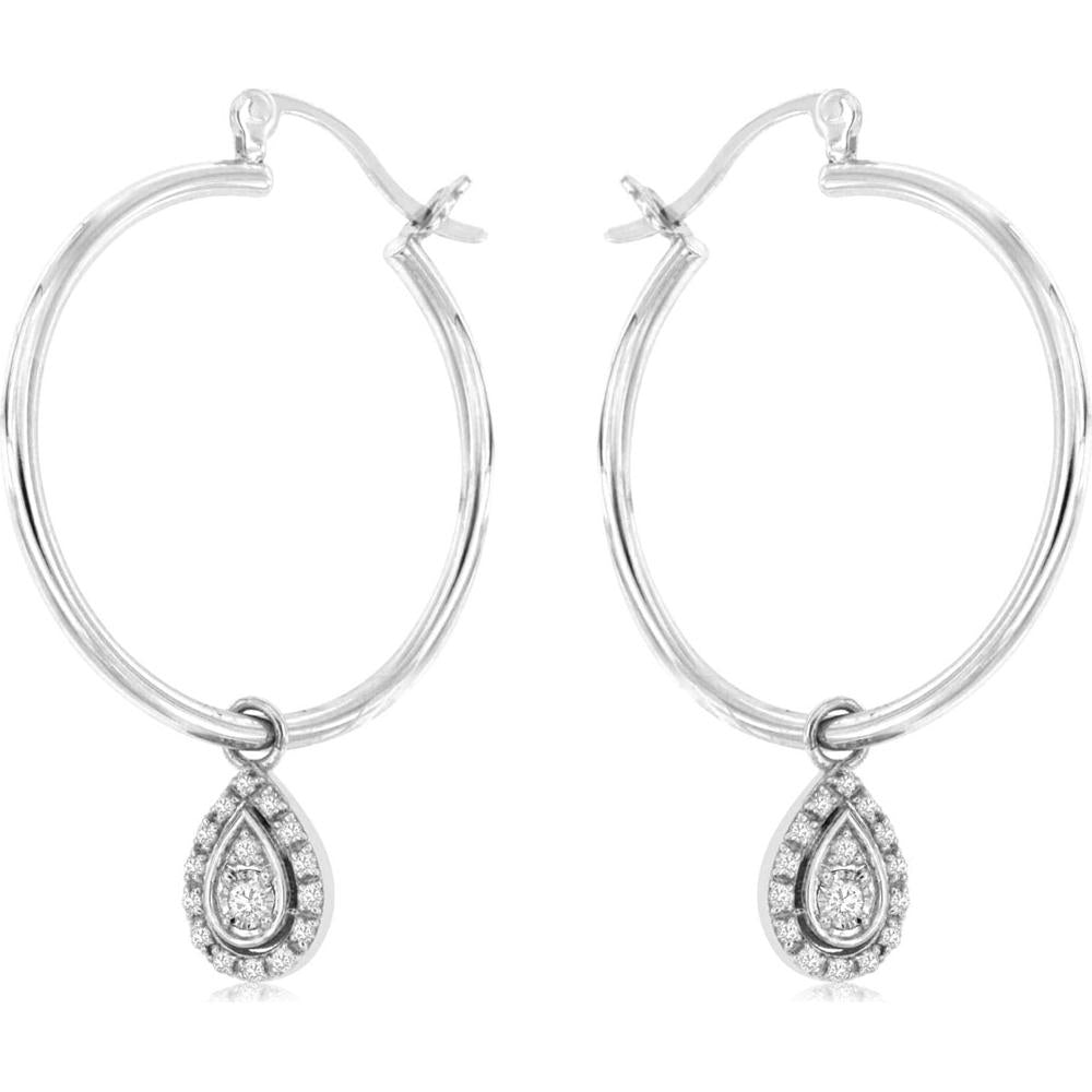 14K White Gold Pear Shaped Diamond Halo Drop Earrings - 0.16 Carats Total Diamond Weight