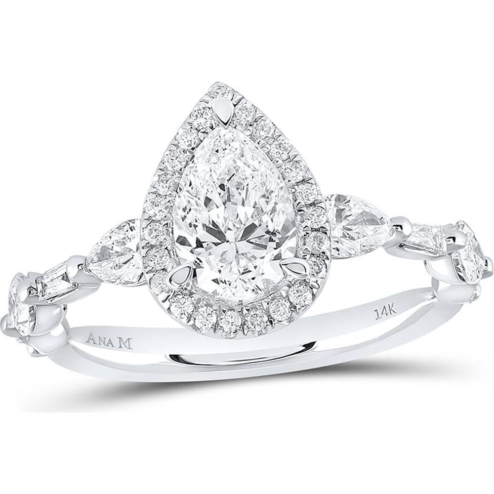 14K White Gold Pear-Shaped Diamond Halo Engagement Ring with Pear Side Diamonds - 1.87 Carat Total Diamond Weight