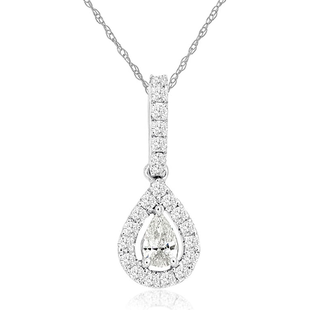 14K White Gold Pear-Shaped Diamond Halo Pendant Necklace with Pavé-Set Diamond Bale - 0.32 Carat Total Diamond Weight - Royal Jewelry