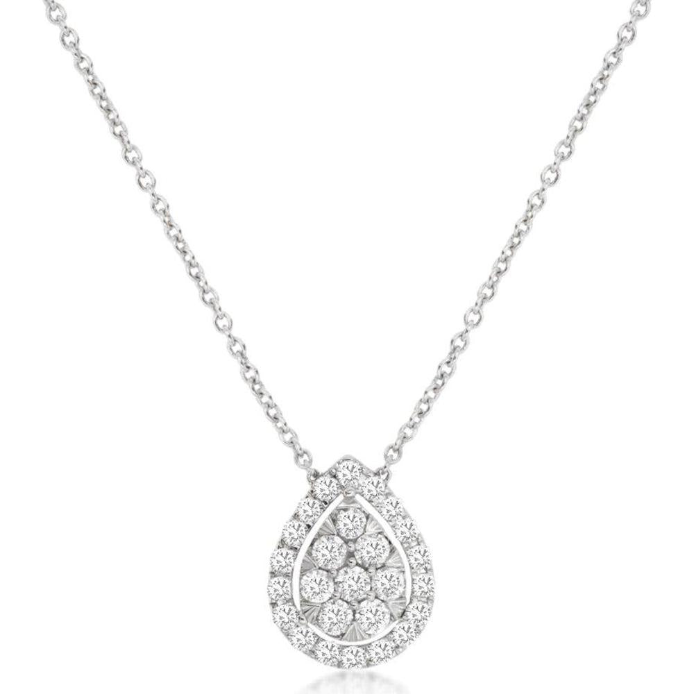 14K White Gold Pear Shaped Diamond Halo Pendant Necklace with Round Diamonds - 0.55 Carat Total Diamond Weight - Royal Jewelry