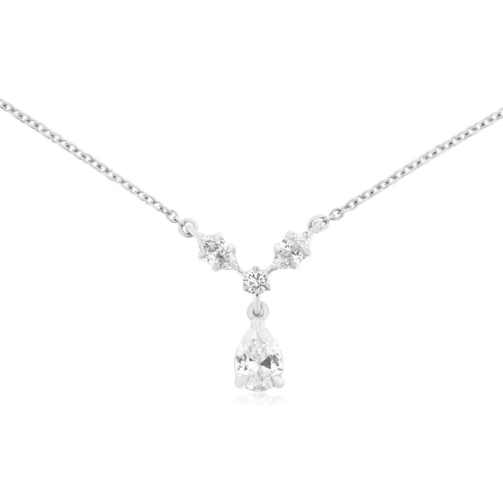 14K White Gold Pear-Shaped Diamond Pendant Necklace with Round Diamond Accent V-Drop - 0.50 Carat Main Stone - Royal Jewelry