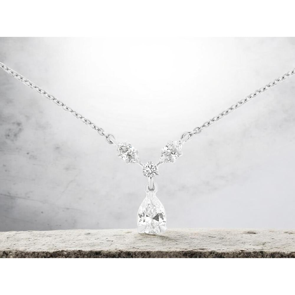 14K White Gold Pear-Shaped Diamond Pendant Necklace with Round Diamond Accent V-Drop - 0.50 Carat Main Stone - Royal Jewelry