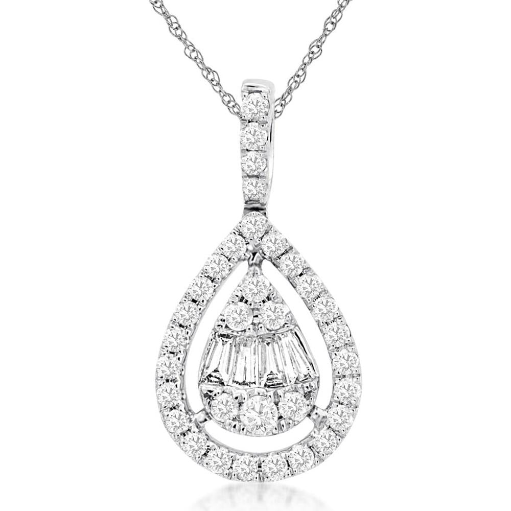 14K White Gold Pear-Shaped Diamond Pendant with Baguette and Round Brilliant Diamond Cluster - 0.50 Carat Total Diamond Weight - Royal Jewelry