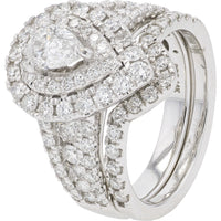 14K White Gold Pear-Shaped Double Halo Bridal Ring Set with Pave Round Diamonds - 2.00 Carat Total Diamond Weight