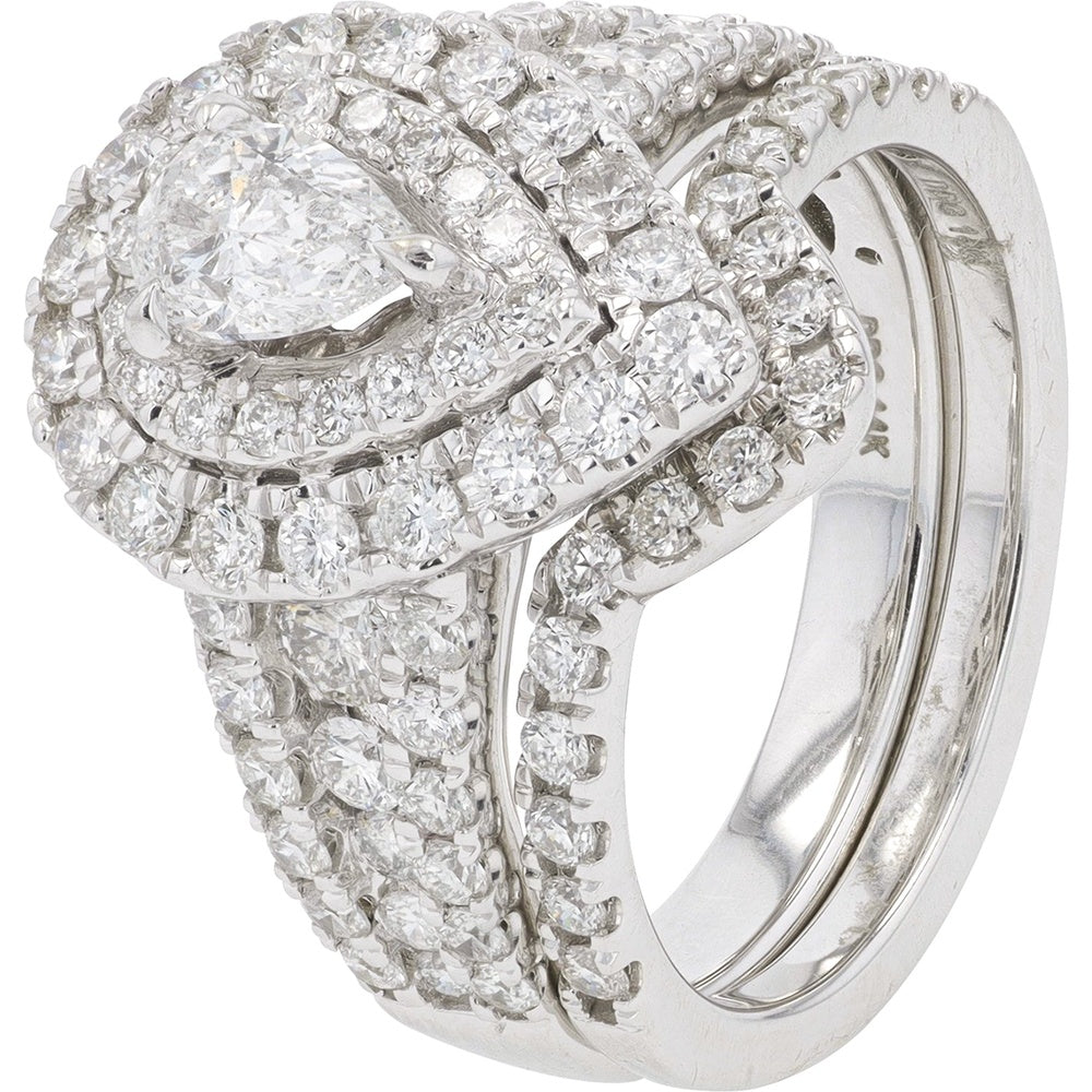 14K White Gold Pear-Shaped Double Halo Bridal Ring Set with Pave Round Diamonds - 2.00 Carat Total Diamond Weight
