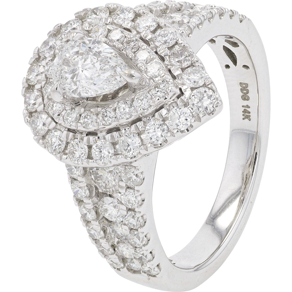 14K White Gold Pear-Shaped Double Halo Bridal Ring Set with Pave Round Diamonds - 2.00 Carat Total Diamond Weight