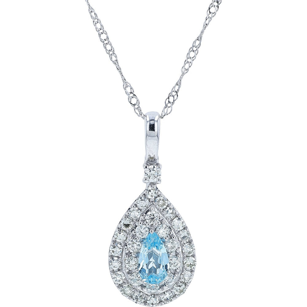 14K White Gold Pear-Shaped Double Halo Pendant with Sky Blue Topaz and Round Diamonds - 0.26 Carat Topaz and 0.28 Carat Total Diamond Weight