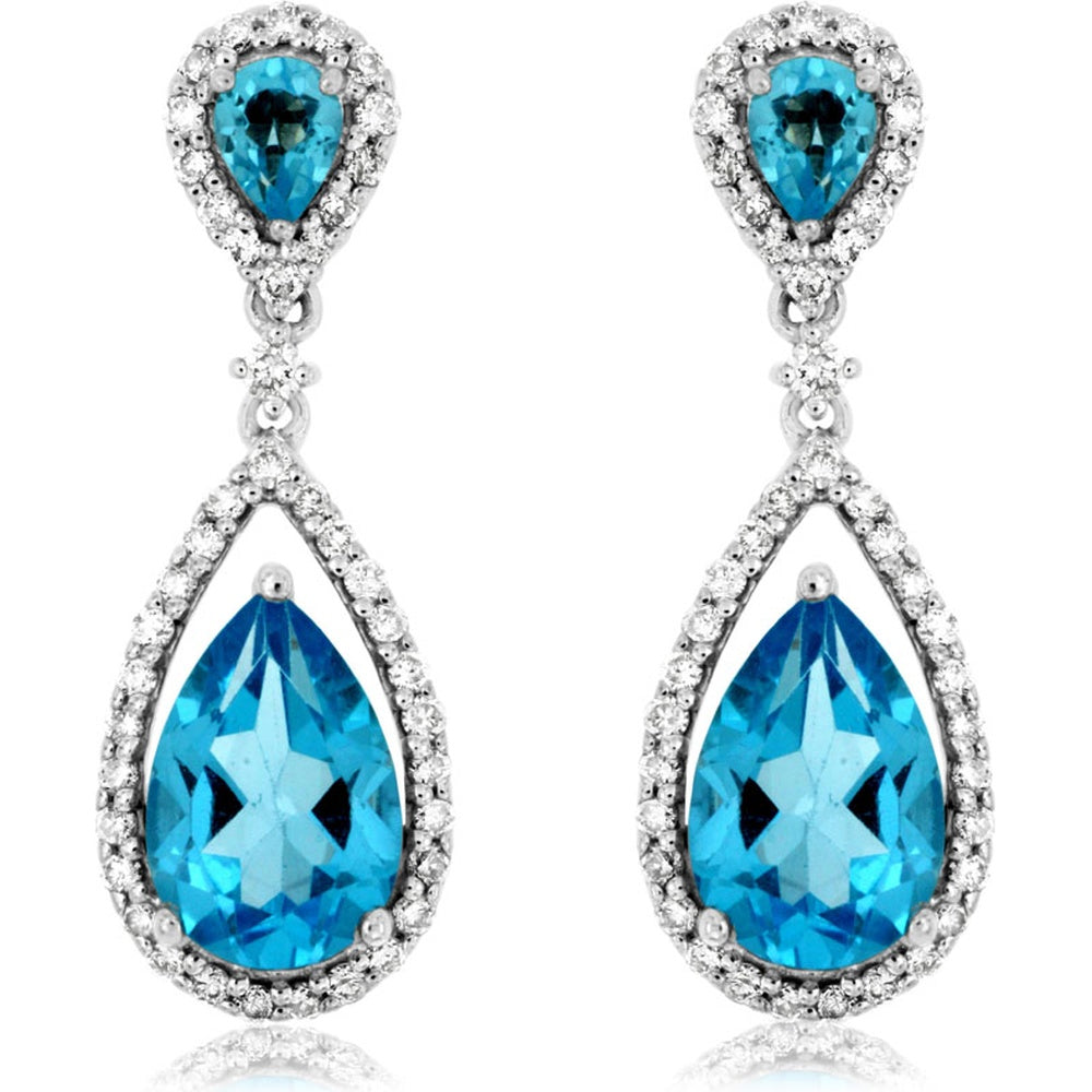 14K White Gold Pear Shaped Drop Earrings with Blue Topaz and Diamond Halos - 3.50 Carat Total Blue Topaz Weight and 0.49 Carat Total Diamond Weight - Royal Jewelry