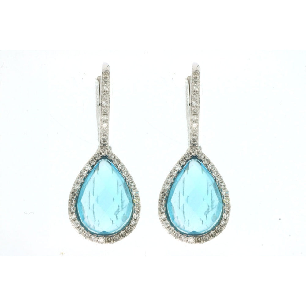 14K White Gold Pear-Shaped Drop Earrings with Blue Topaz and Milgrain Diamond Halo - 5.00 Carat Total Blue Topaz Weight and 0.28 Carat Total Diamond Weight - Royal Jewelry