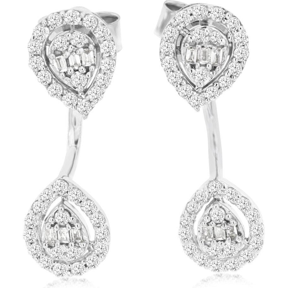 14K White Gold Pear-Shaped Drop Earrings with Halo-Set Round and Baguette Diamonds - 0.53 Carat Total Diamond Weight - Royal Jewelry