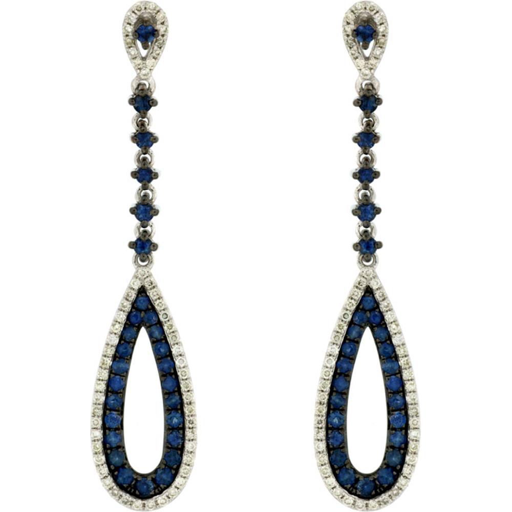 14K White Gold Pear-Shaped Drop Earrings with Round Sapphires and Diamond Halos - 0.88 Carat Total Sapphire Weight, 0.34 Carat Total Diamond Weight - Royal Jewelry