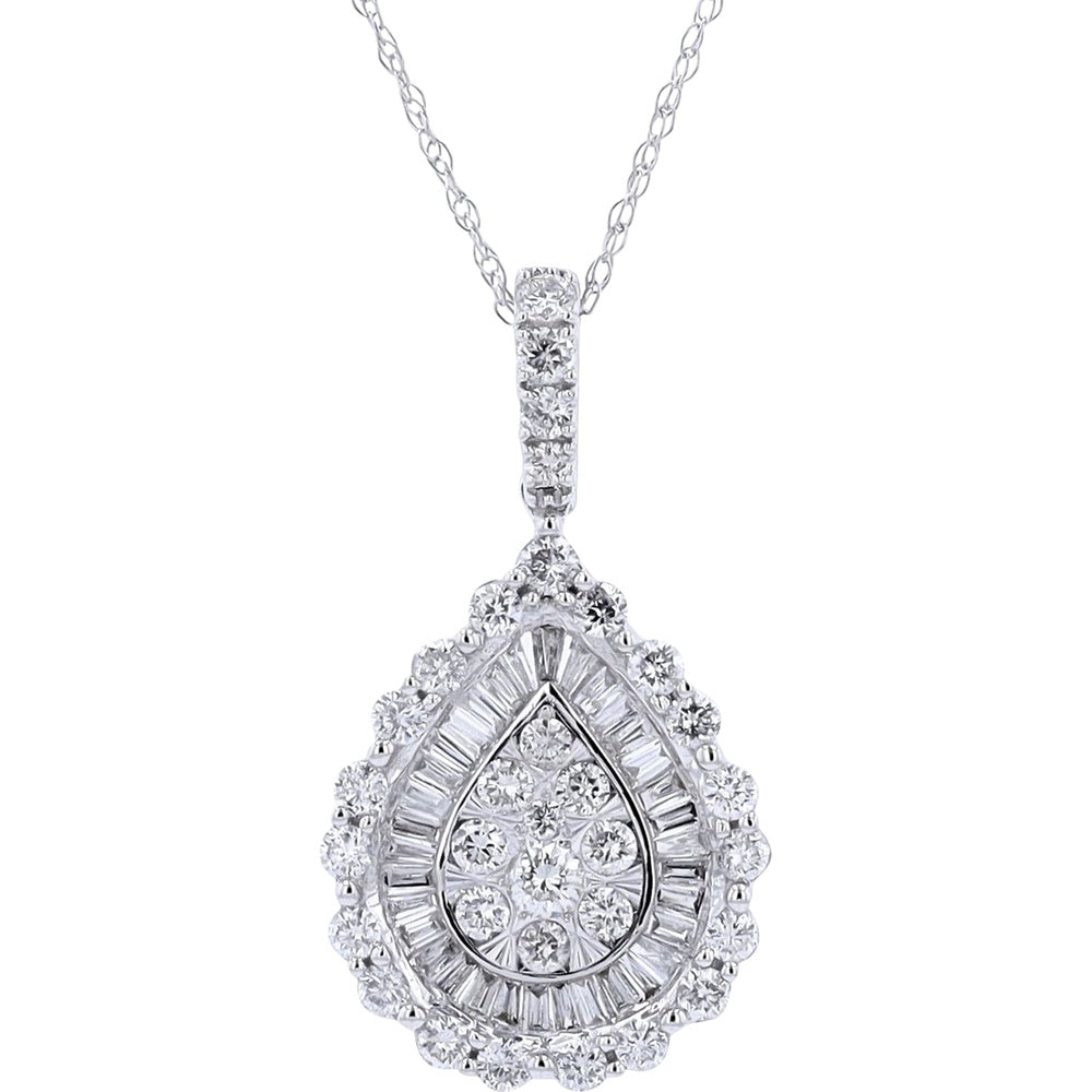 14K White Gold Pear Shaped Drop Pendant with Baguette and Round Diamonds - 1.00 Carat Total Diamond Weight