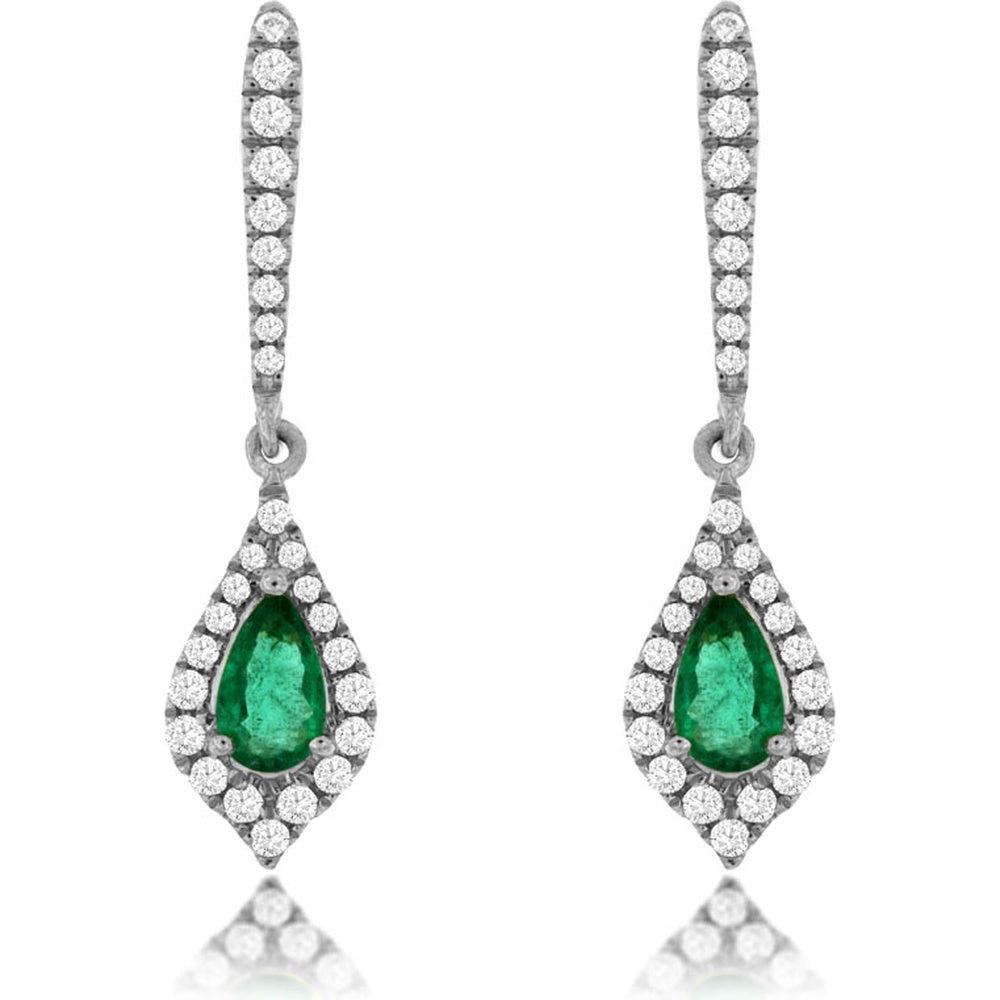 14K White Gold Pear-Shaped Emerald and Diamond Halo Drop Earrings with Lever-Back Closure - 0.35 Carat Total Emerald Weight and 0.22 Carat Total Diamond Weight - Royal Jewelry