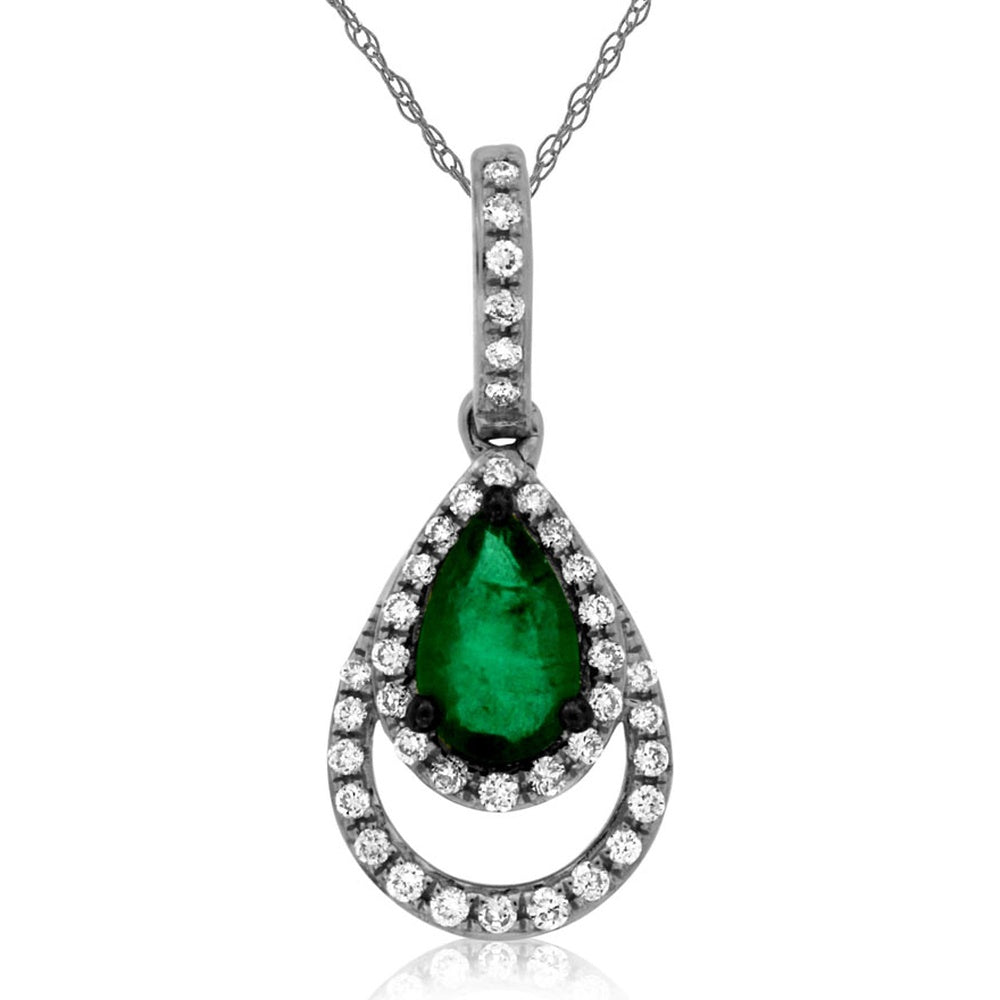 14K White Gold Pear-Shaped Emerald and Diamond Halo Pendant Necklace - 0.35 Carat Emerald and 0.11 Carat Total Diamond Weight - Royal Jewelry