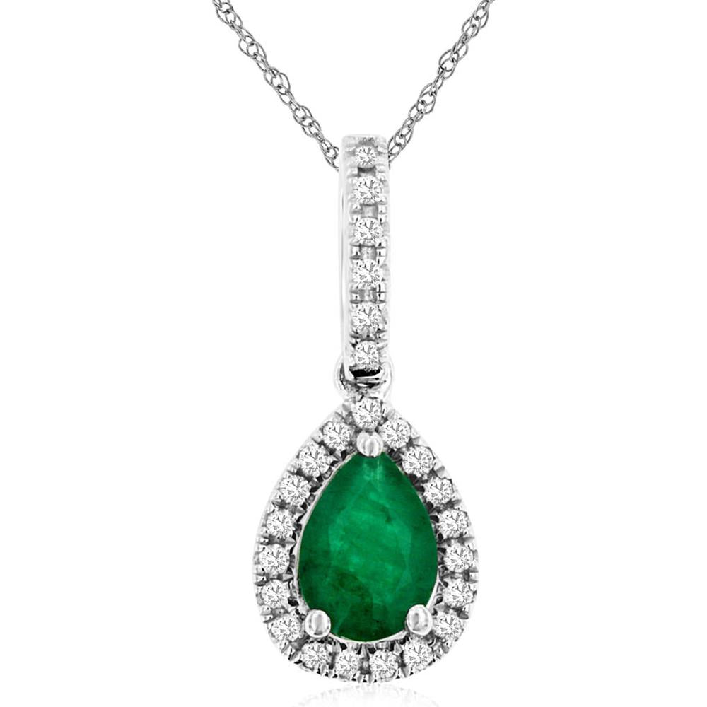 14K White Gold Pear-Shaped Emerald and Diamond Halo Pendant with Pave Bail - 0.68 Carat Emerald, 0.13 Carat Diamond Total Weight - Royal Jewelry