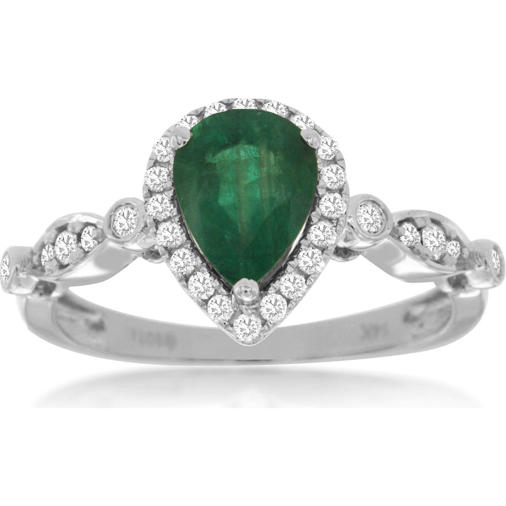 14K White Gold Pear-Shaped Emerald and Diamond Halo Ring - 1.10 Carat Emerald with 0.25 Carat Total Diamond Weight - Royal Jewelry