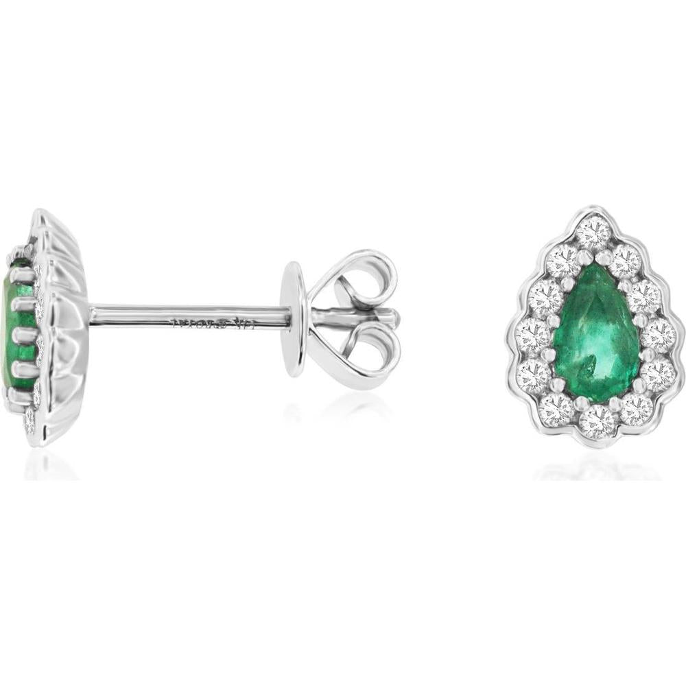 14K White Gold Pear Shaped Emerald and Diamond Halo Stud Earrings with Milgrain Detail - 0.42 Carat Total Emerald Weight and 0.21 Carat Total Diamond Weight - Royal Jewelry