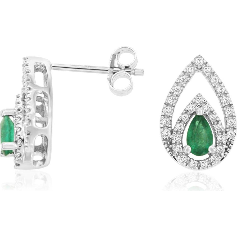 14K White Gold Pear-Shaped Emerald and Diamond Open-Halo Drop Earrings - 0.42 Carat Total Emerald Weight and 0.25 Carat Total Diamond Weight - Royal Jewelry