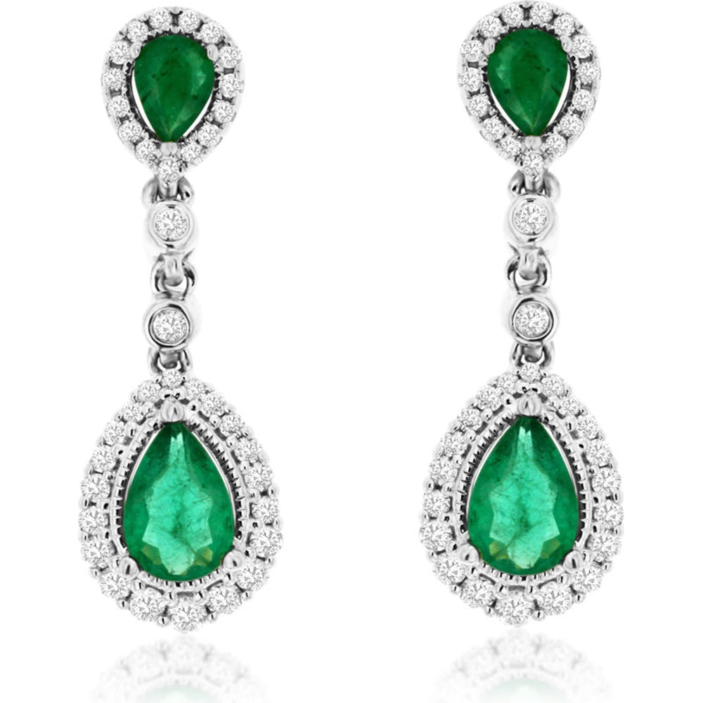 14K White Gold Pear-Shaped Emerald and Double Halo Diamond Drop Earrings - 1.00 Carat Total Emerald Weight and 0.37 Carat Total Diamond Weight - Royal Jewelry