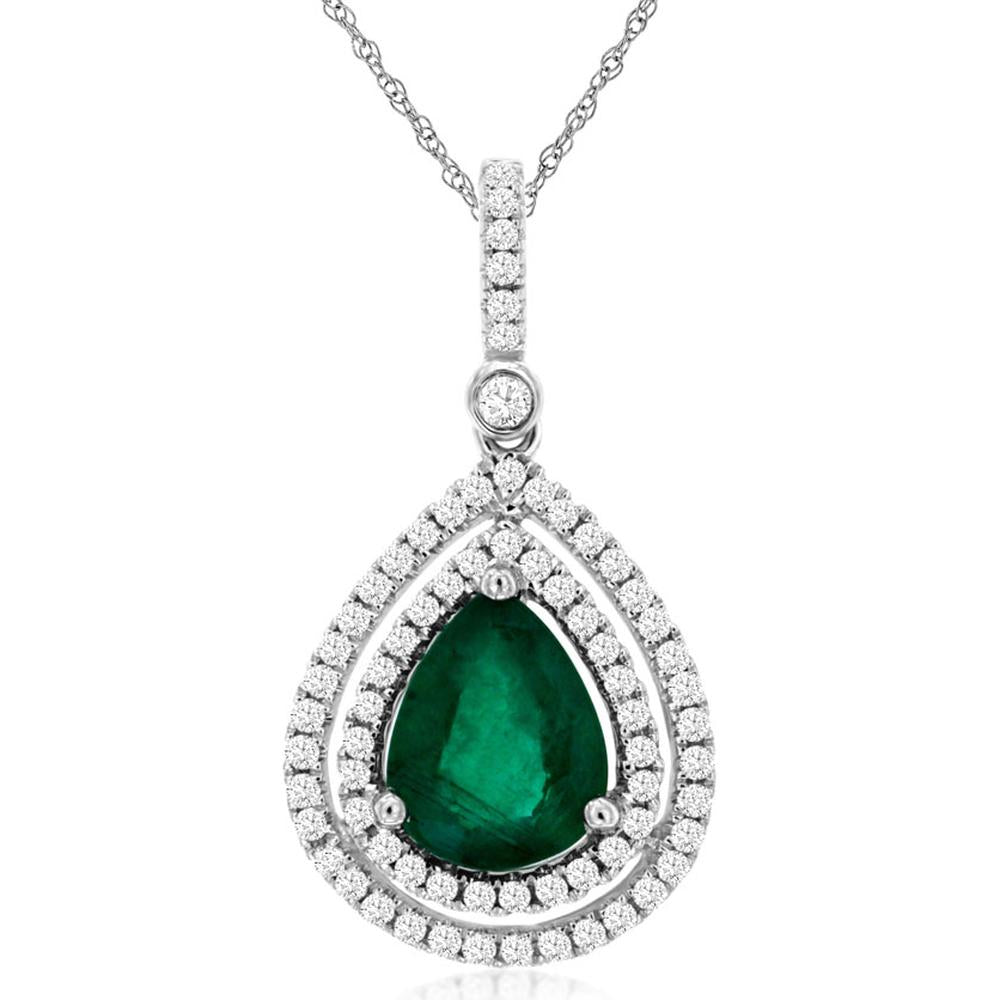 14K White Gold Pear-Shaped Emerald and Double Halo Diamond Pendant - 1.60 Carat Emerald and 0.40 Carat Diamond Total Weight - Royal Jewelry