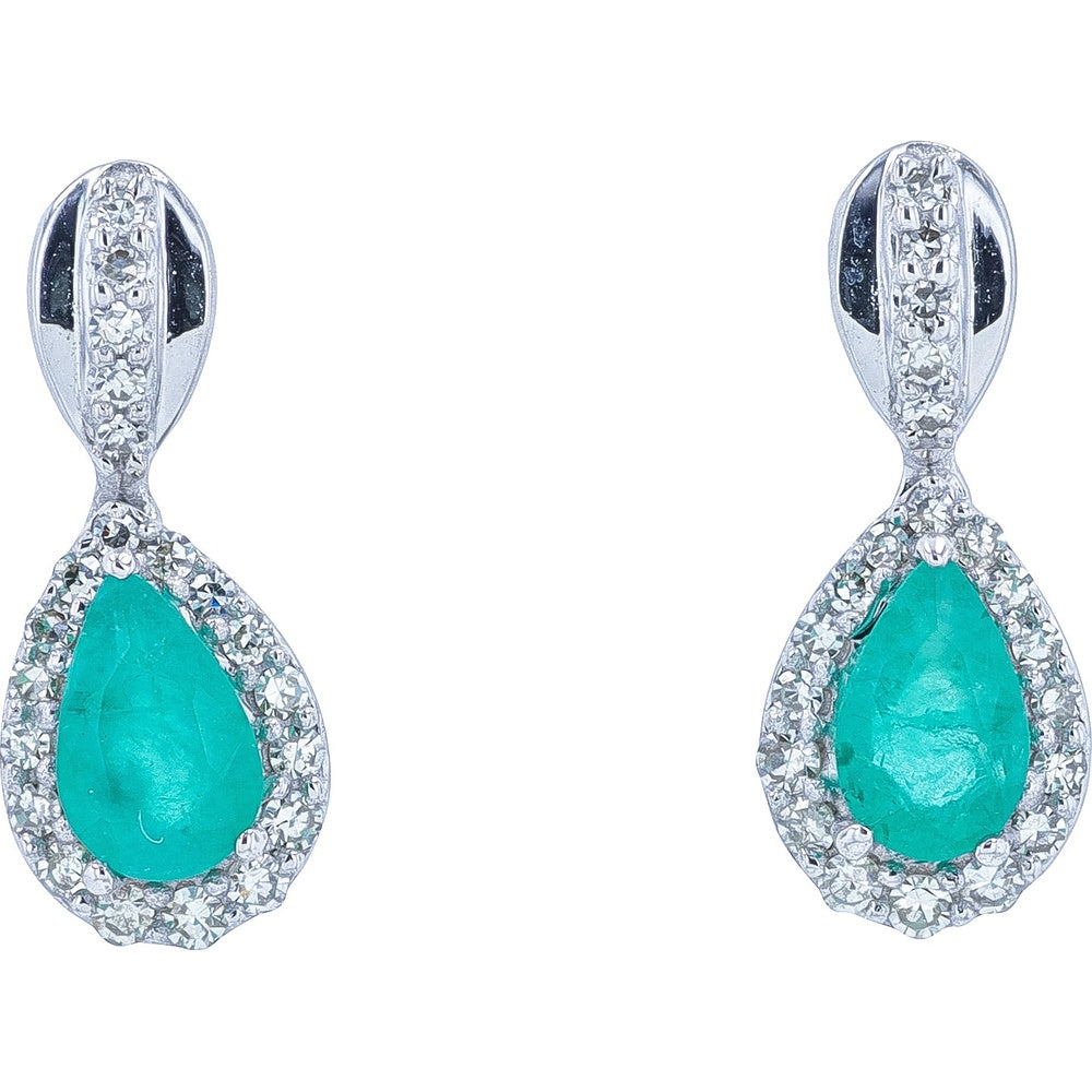 14K White Gold Pear-Shaped Emerald Drop Earrings with Diamond Halo - 0.40 Carat to 0.50 Carat Total Emerald Weight and 0.15 Carat Total Diamond Weight